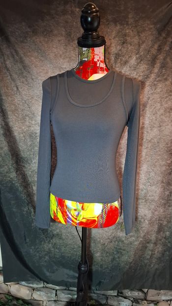 Top haut 2 en 1 anthracite manches longues