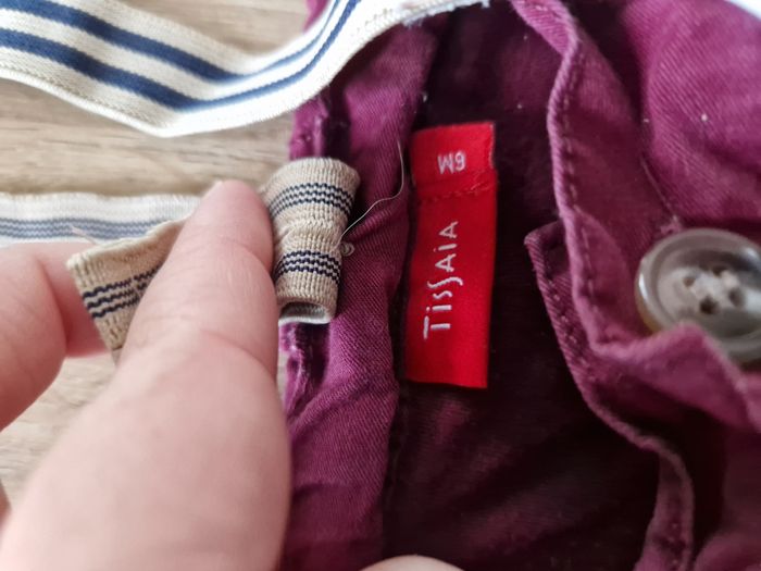 Pantalon Rouge Prune / Lie de Vin avec Bretelles Rayées Tissaia - 6 mois - photo numéro 3