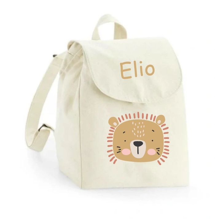 Sac à dos maternelle personnalisé prénom - Lion mignon - Sac crèche 100% coton bio - Rentrée enfant - Cadeau garçon ou fille