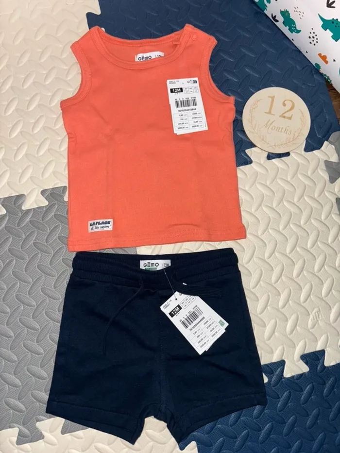 Ensemble/set short bleu-tee shirt orange 12 mois - photo numéro 2