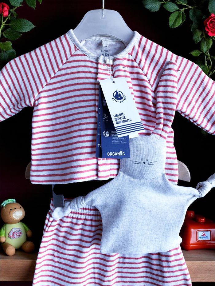 PETIT BATEAU - NEW - ENSEMBLE 3P BÉBÉ STYLE MARIN - VESTE, PANTALON & DOUDOU 3M - photo numéro 5