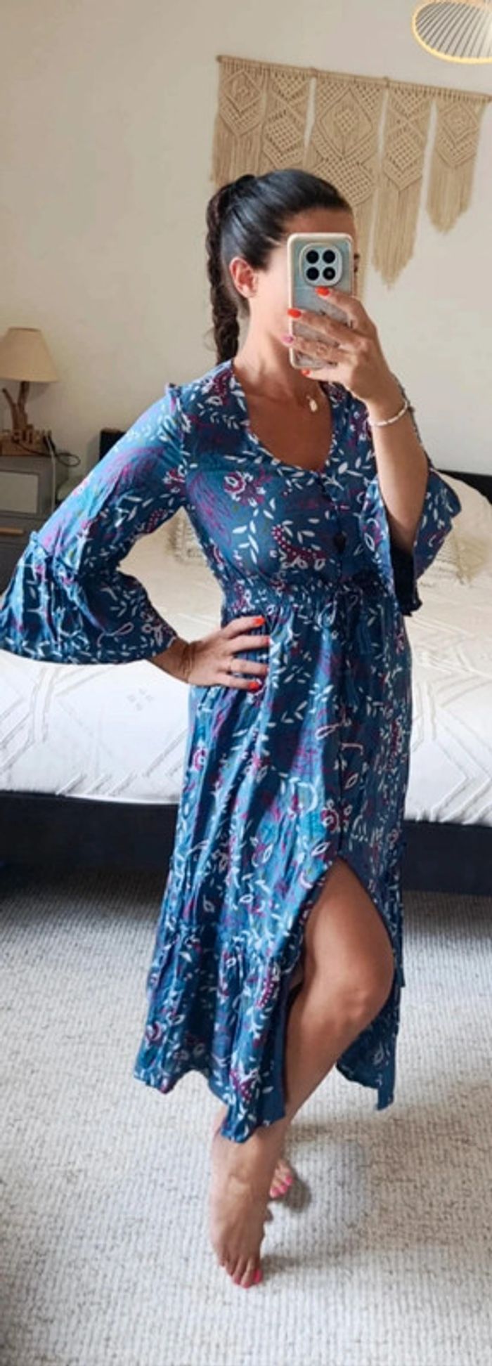 Robe longue bleu Blancheporte 36 fleuri feuillage manches 3/4
