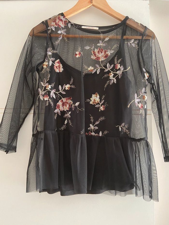 Blouse transparente noir en tulle et broderie fleurs