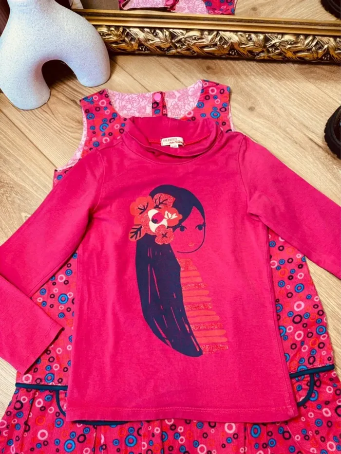 Taille 5 ans robe et sous pull fille DPAM rose fuchsia * velours * 🩷 - photo numéro 5