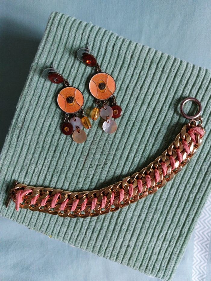Lot bracelet + boucles d'oreilles orange et doré - photo numéro 2