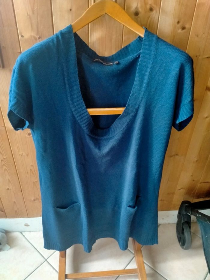 Haut long col V en maille bleu - photo numéro 2