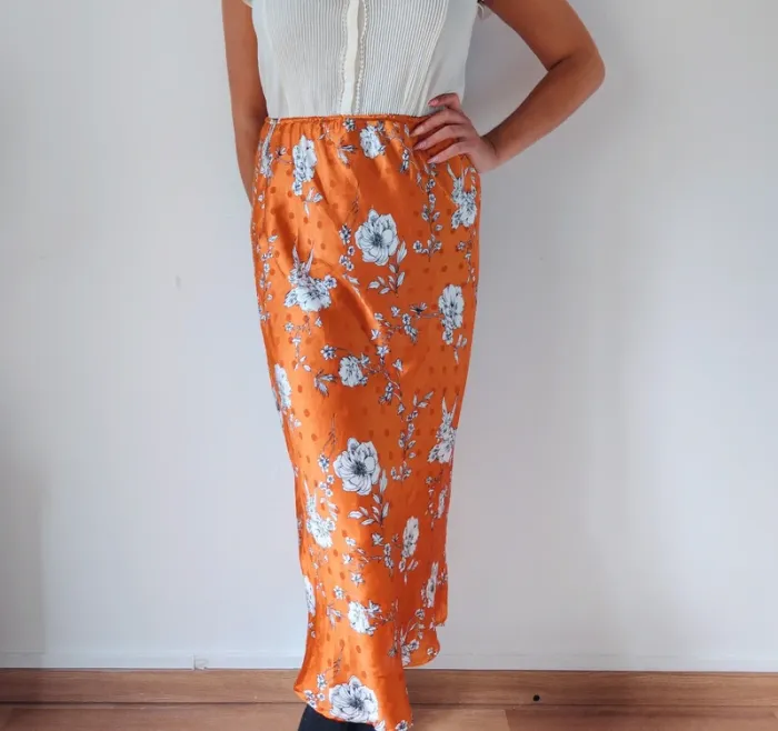 Jupe longue satinée orange fleuri taille élastique bohème moderne estivale taille 40 - photo numéro 3