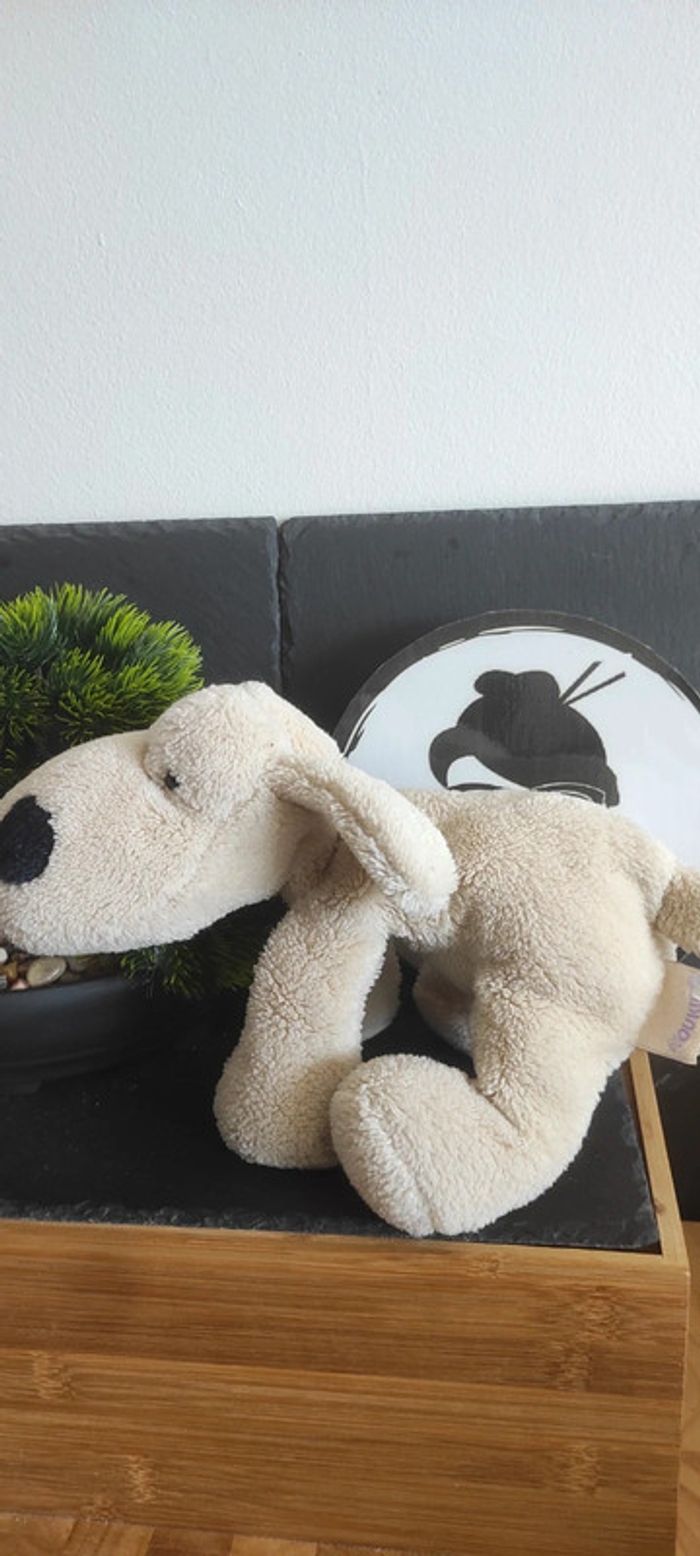 peluche chien marron beige écru noir Noukie's amtoys ancienne vintage couché