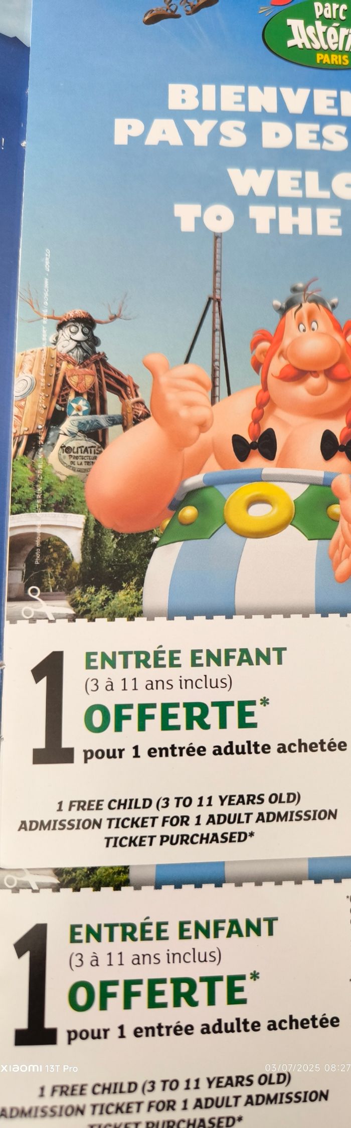 2 places enfants pour parc Astérix