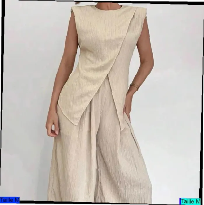 Ensemble Femme Deux Pièces Crème Plissé Minimaliste - Taille M Neuf Jamais Porté - photo numéro 3