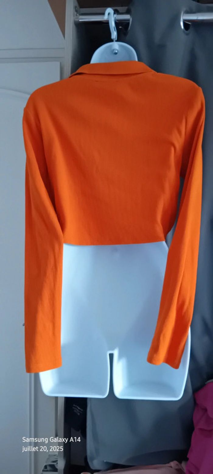 Polo court manches longues maille côtelée col en V à boutons orange femme L zara - photo numéro 8