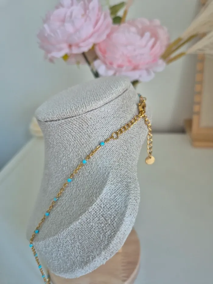 1 collier 50cm + 5 cm 🌸 en acier inoxydable perles résines bleu ciel - photo numéro 5