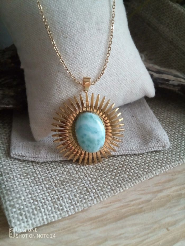 Collier larimar pierre naturelle et soleil d'acier - photo numéro 2