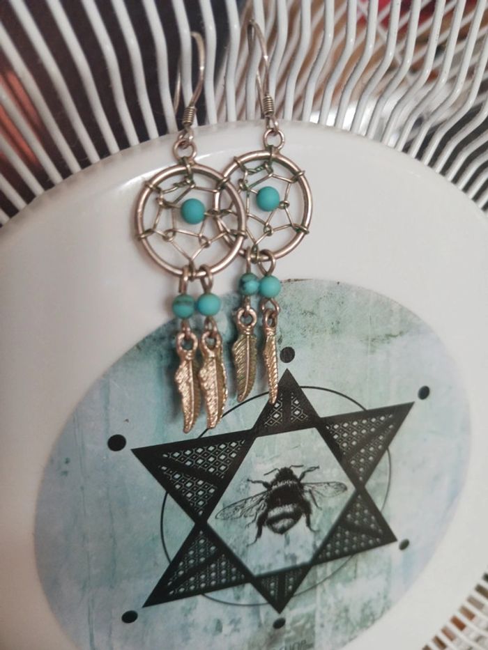 Boucles d'oreilles attrape rêve argent et turquoise - photo numéro 4