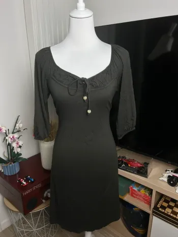 Dress vintage goth Y2K Extenso - col noué perles manches 3/4 fluide - taille XL