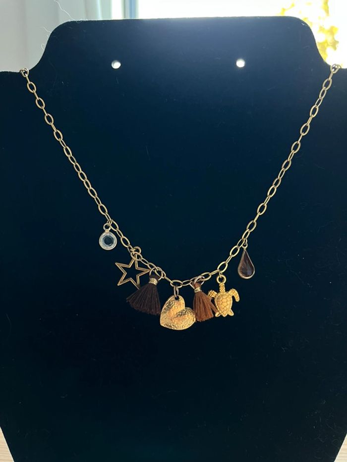 Collier chaîne acier Inoxydable pendentifs breloques dorés et marrons - photo numéro 3