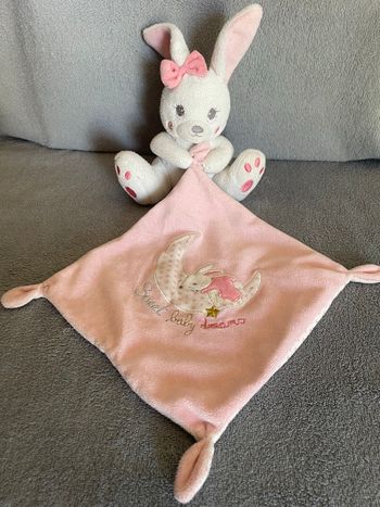 Doudou peluche lapin blanc mouchoir rose pois lune Sweet Baby Dreams Nicotoy Simba Toys Kiabi