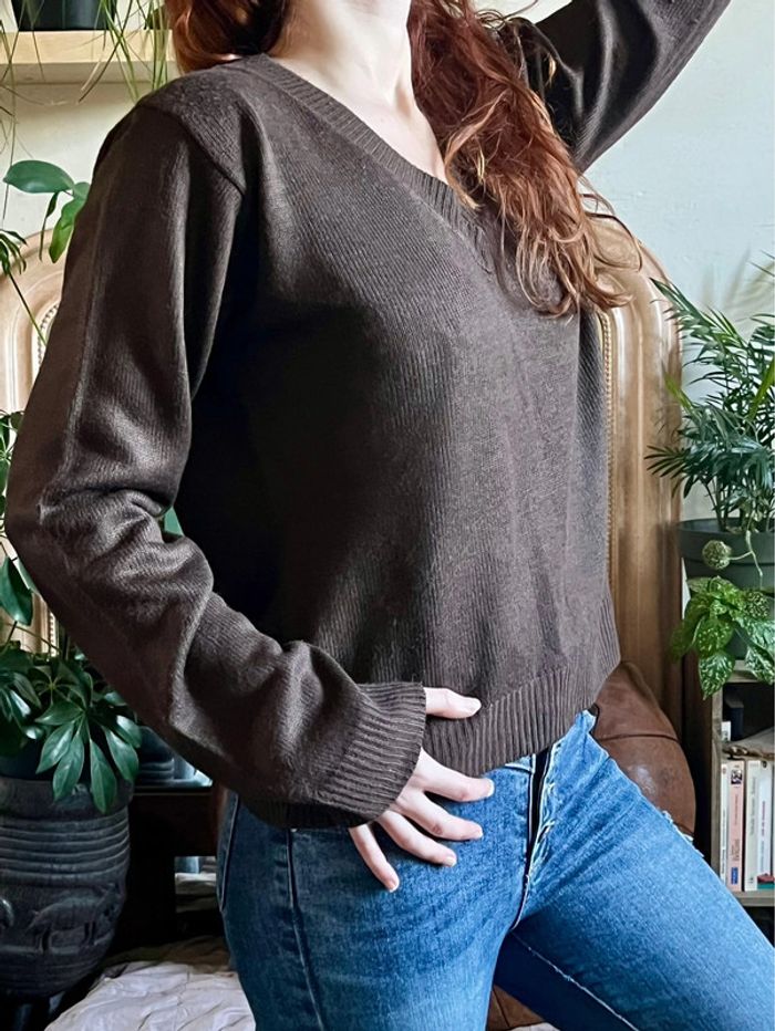 Pull ample manches longues col V - marron - photo numéro 8