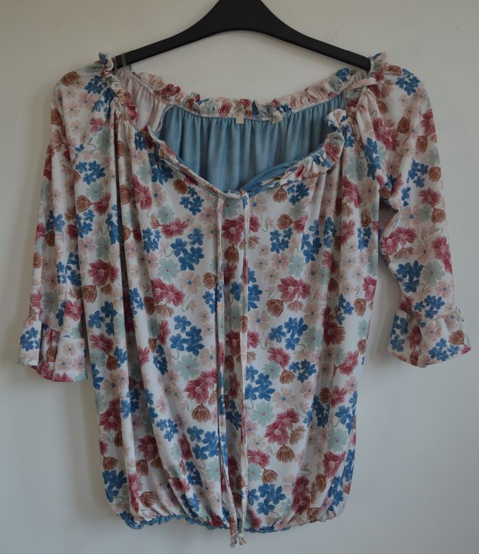 Blouse femme fleurie multicolore col élastiqué manches 3/4 taille XL
