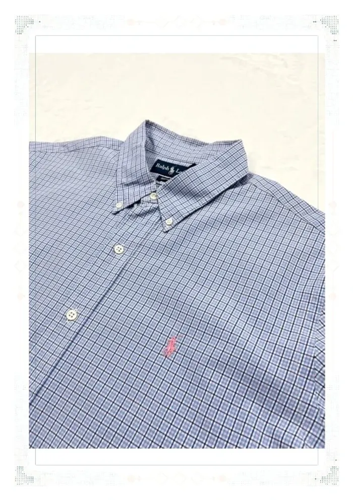 Ralph Lauren chemise à carreaux bleu logo rose coton homme XL - photo numéro 4