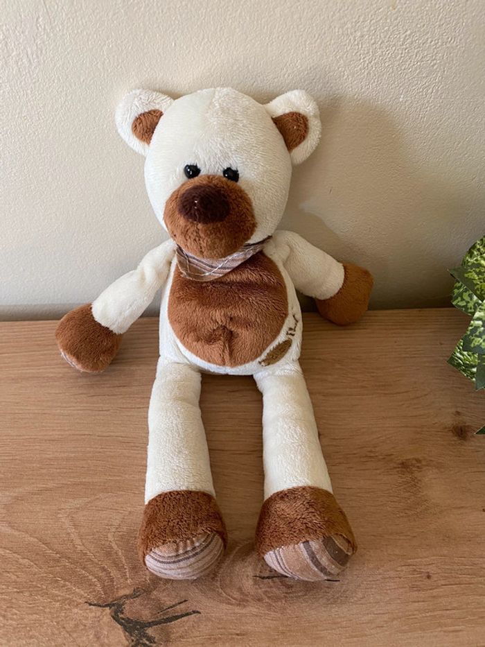 Doudou peluche ours écru marron bandana rayé baby nat - photo numéro 2