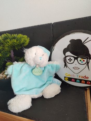 doudou ours plat baby nat' blanc bleu turquoise bonnet bn070 câlins ourson 3381