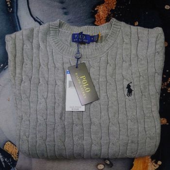 Pull torsadé col rond Polo Ralph Lauren gris logo brodé noir taille M