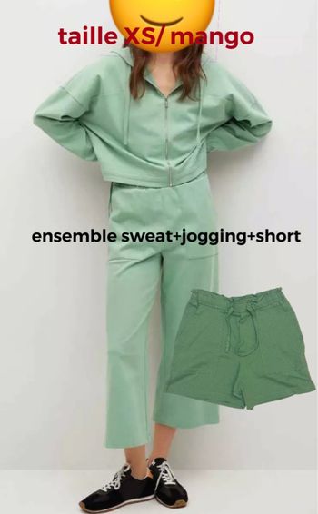Ensemble vert clair lot sweat zippe à capuche, jogging et short mango taille XS/34