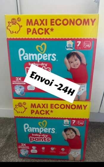 124 couches Pampers taille 7 pants +15kg lot de 2 cartons