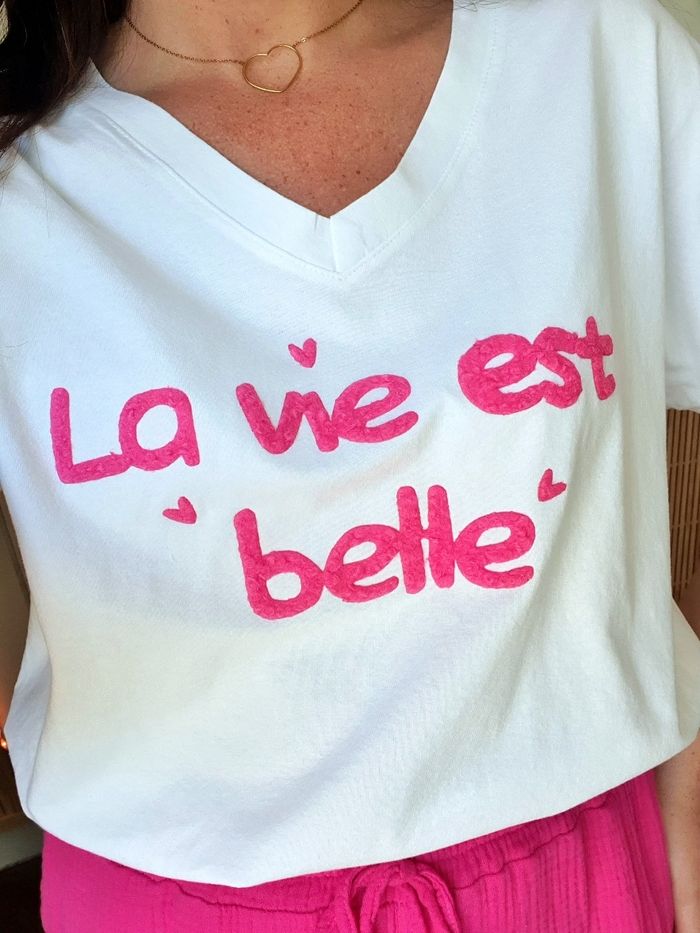 T-shirt La vie est belle blanc/fushia Taille unique - photo numéro 5