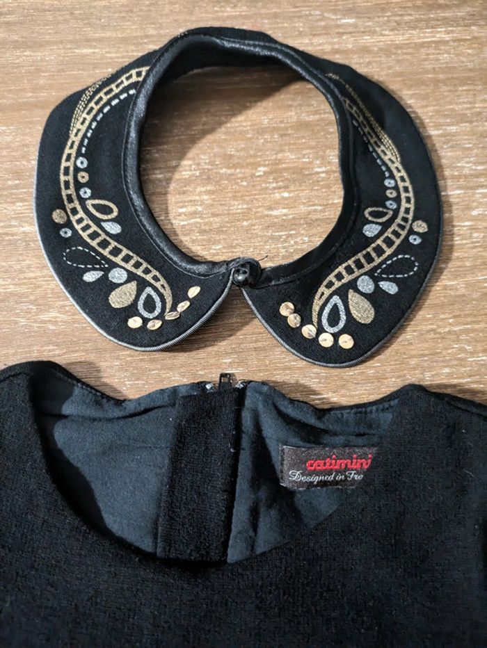 Robe cérémonie grise argent noir col claudine amovible doré catimini originale 6 ans - photo numéro 2