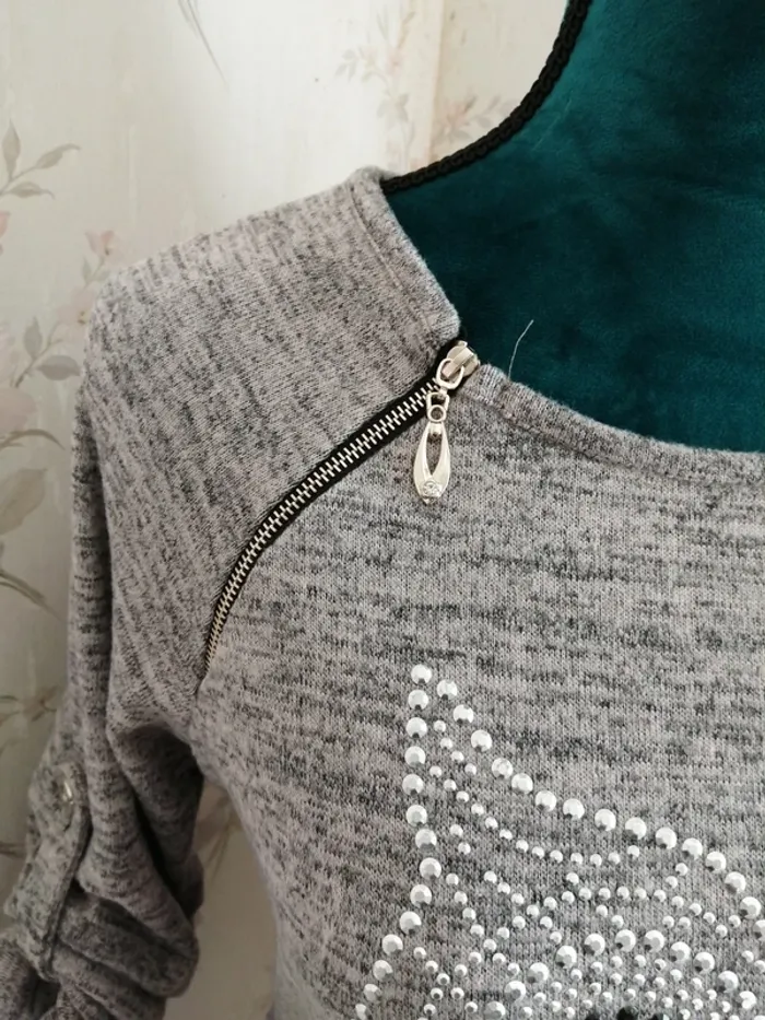 Pull fin gris chiné avec hiboux en strass manches réglables / sans marque / (TU) - photo numéro 5