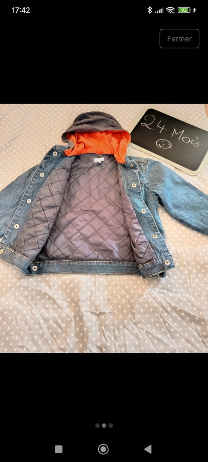 Manteau 2 ans, veste en jean doublée et matelassée avec capuche - photo numéro 2