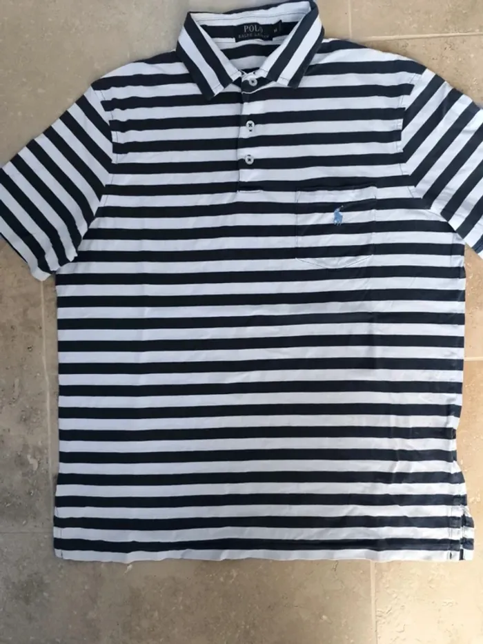 Polo Ralph Lauren homme M tissu fin rayures marine et blanche poche logo bleu ciel - photo numéro 2