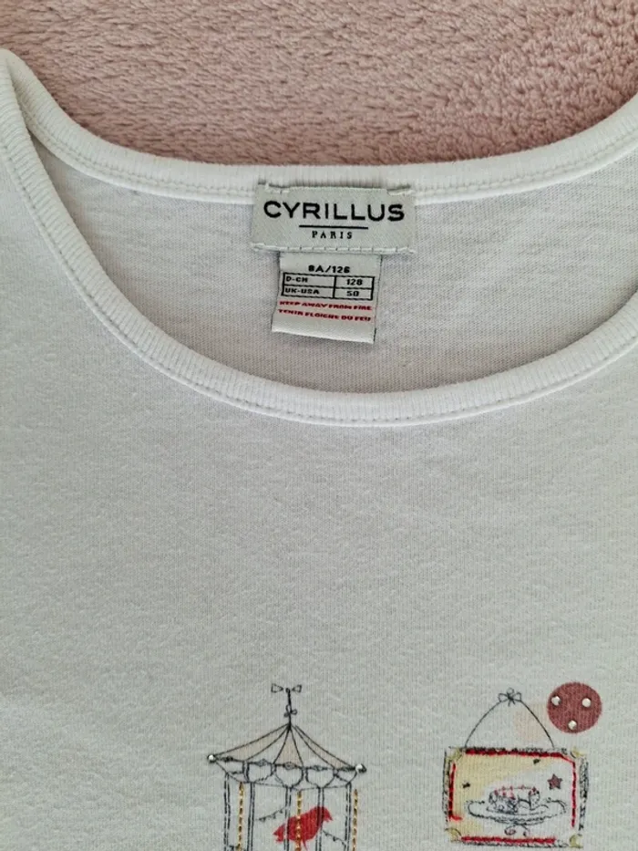 T-shirt manches longues Cyrillus 8 ans blanc motifs cages à oiseaux chat jaunes et oranges - photo numéro 5