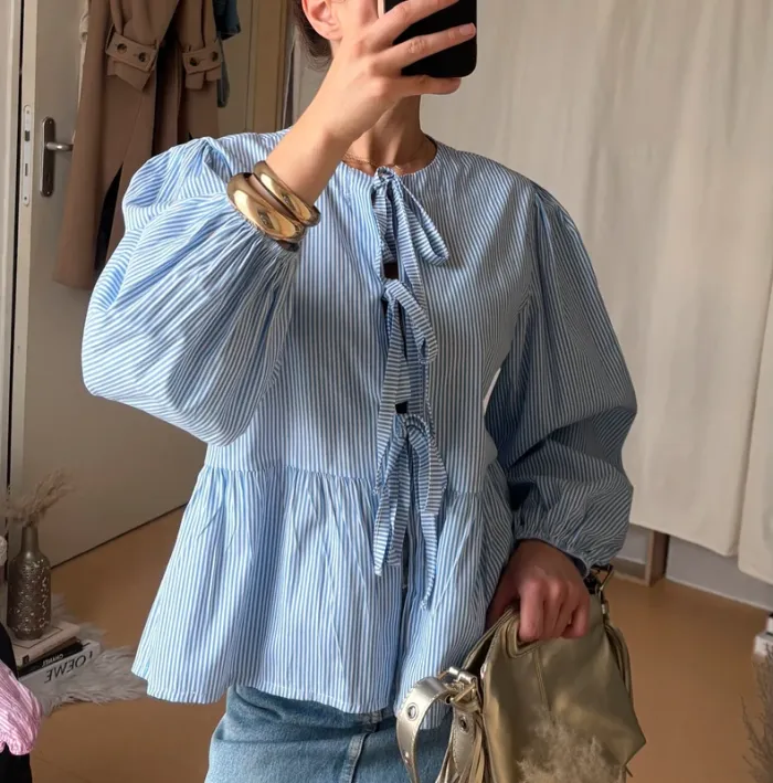 Chemise bouffante à rayures bleue noeuds double sens - photo numéro 2