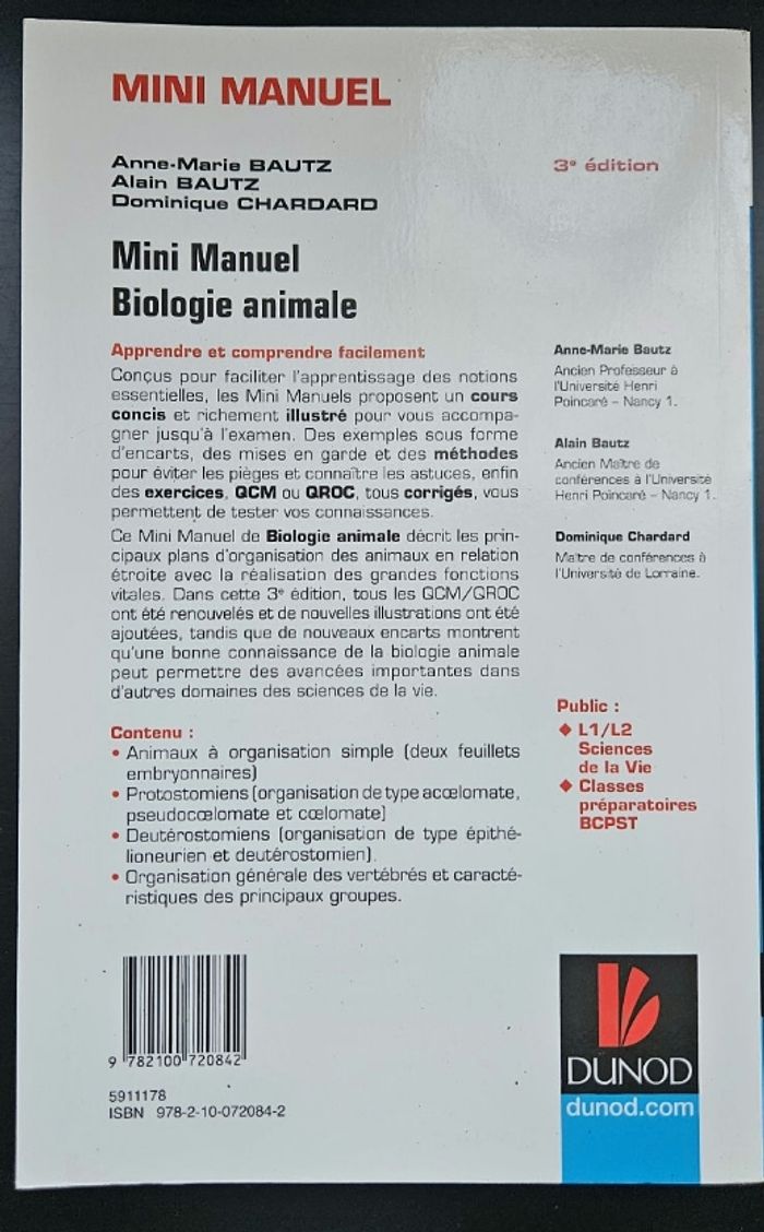Manuel Biologie animale - Cours + QCM + QROC- Licence/Prépa/Master - photo numéro 2