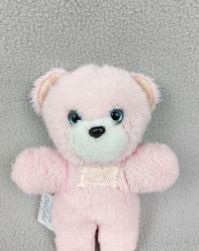 Doudou peluche ours rose TARTINE ET CHOCOLAT VINTAGE 17 cm yeux bleus dur rayure - photo numéro 2