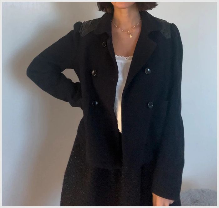 Manteau caban bleu marine laine et détails cuir - Maje - taille 38 - photo numéro 2