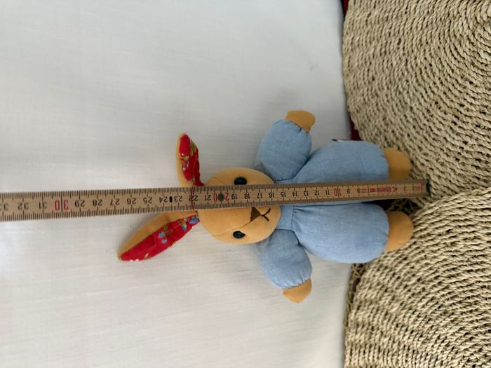 Doudou lapin beige bleu rouge fleurs AJENA - photo numéro 4
