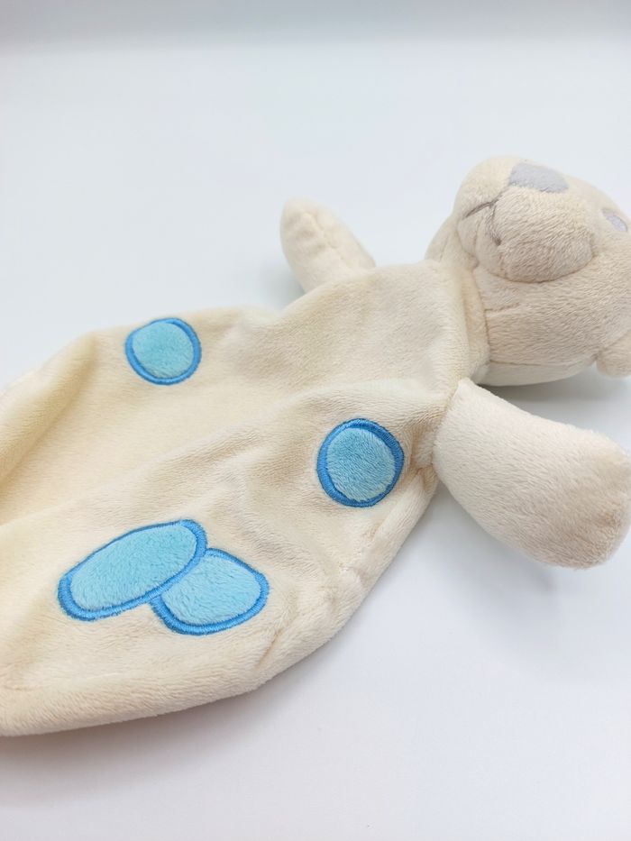 Doudou plat ours écru crème DECAROLI COSFIBEL rond bleu yeux gris - photo numéro 3