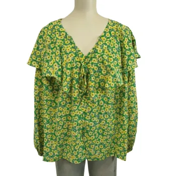 Blouse légère manches longues à volants col en V volanté fleurs jaune et vertes A