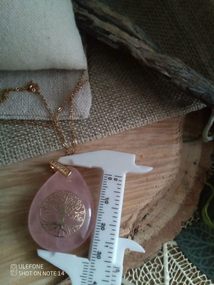 Collier quartz rose et arbre de vie doré - photo numéro 4