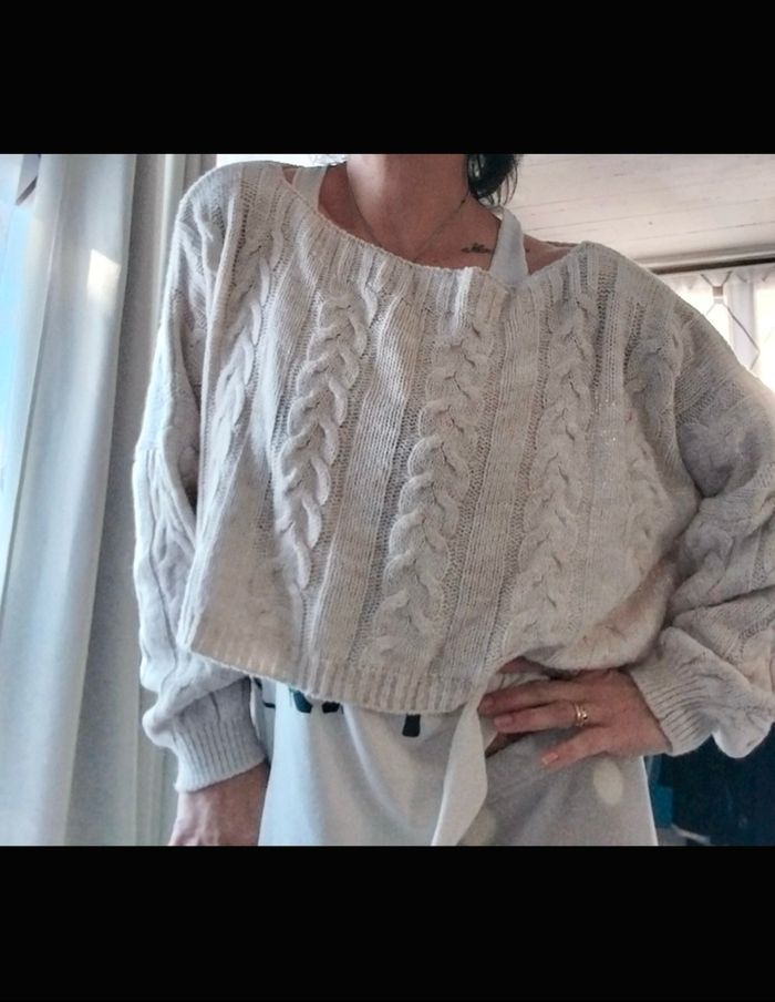 Pull court oversize beige claire maille  torsadée taille universelle - photo numéro 5