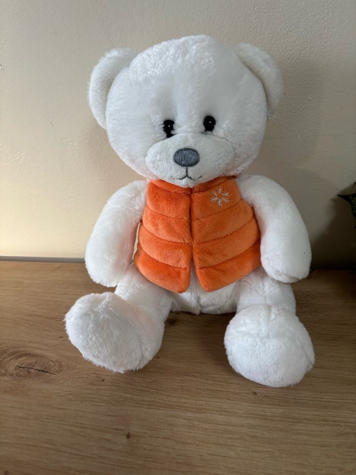 Doudou peluche ours blanc gilet orange gipsy - photo numéro 2