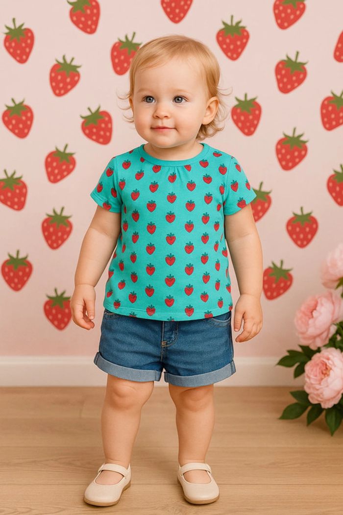 T-shirt turquoise fraises Mots d’enfants