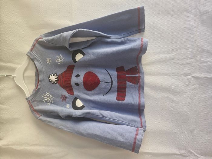 Pyjama 2 pièces mixte 4 ans Tissaia Bleu marine bleu clair Ours avec bonnet flocons de neige - photo numéro 3