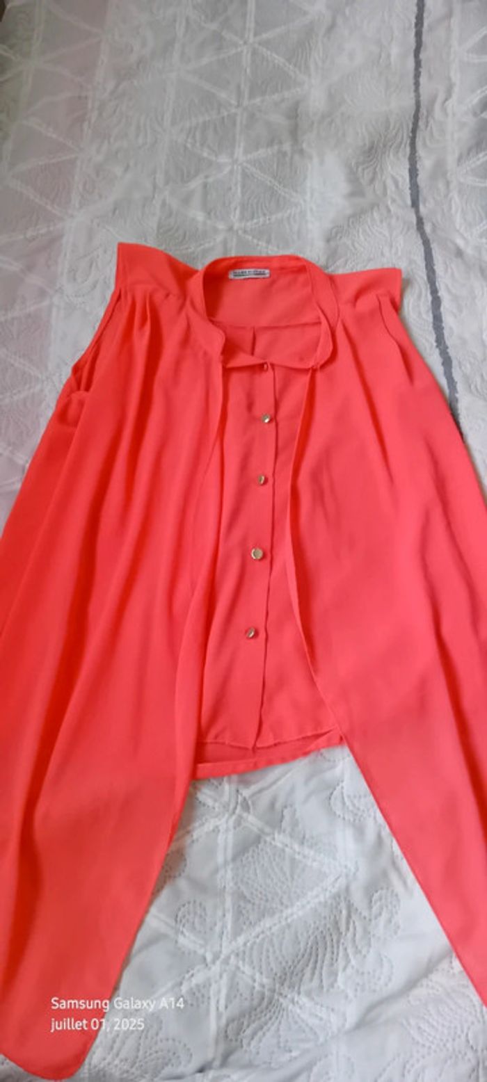 Blouse en voile sans manches assymetrique effet superposé corail femme xl made in italy - photo numéro 13