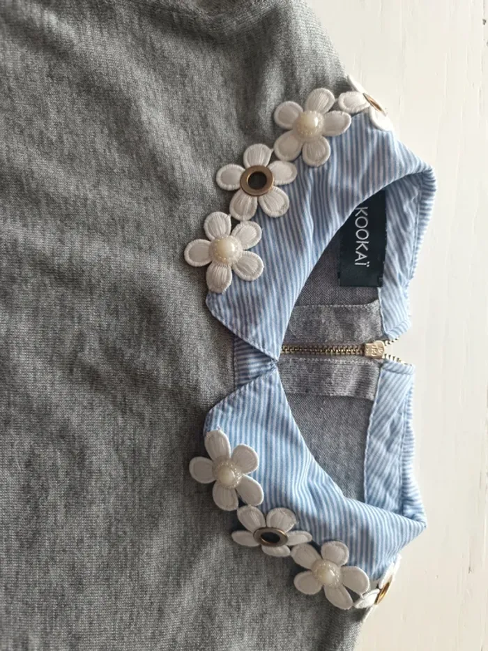 Pull col à fleurs gris et bleu Kookaï taille 1 - photo numéro 2