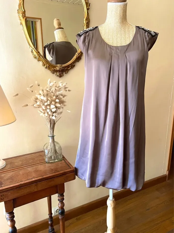Robe gris Châtaigne Élégante satinée avec Détails en Sequins - photo numéro 3